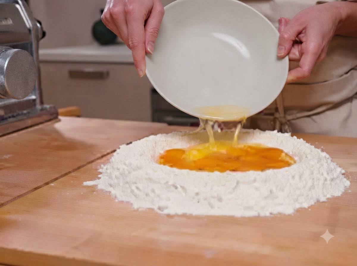 Eggs pouring from a bowl into the flour well on a wooden board.