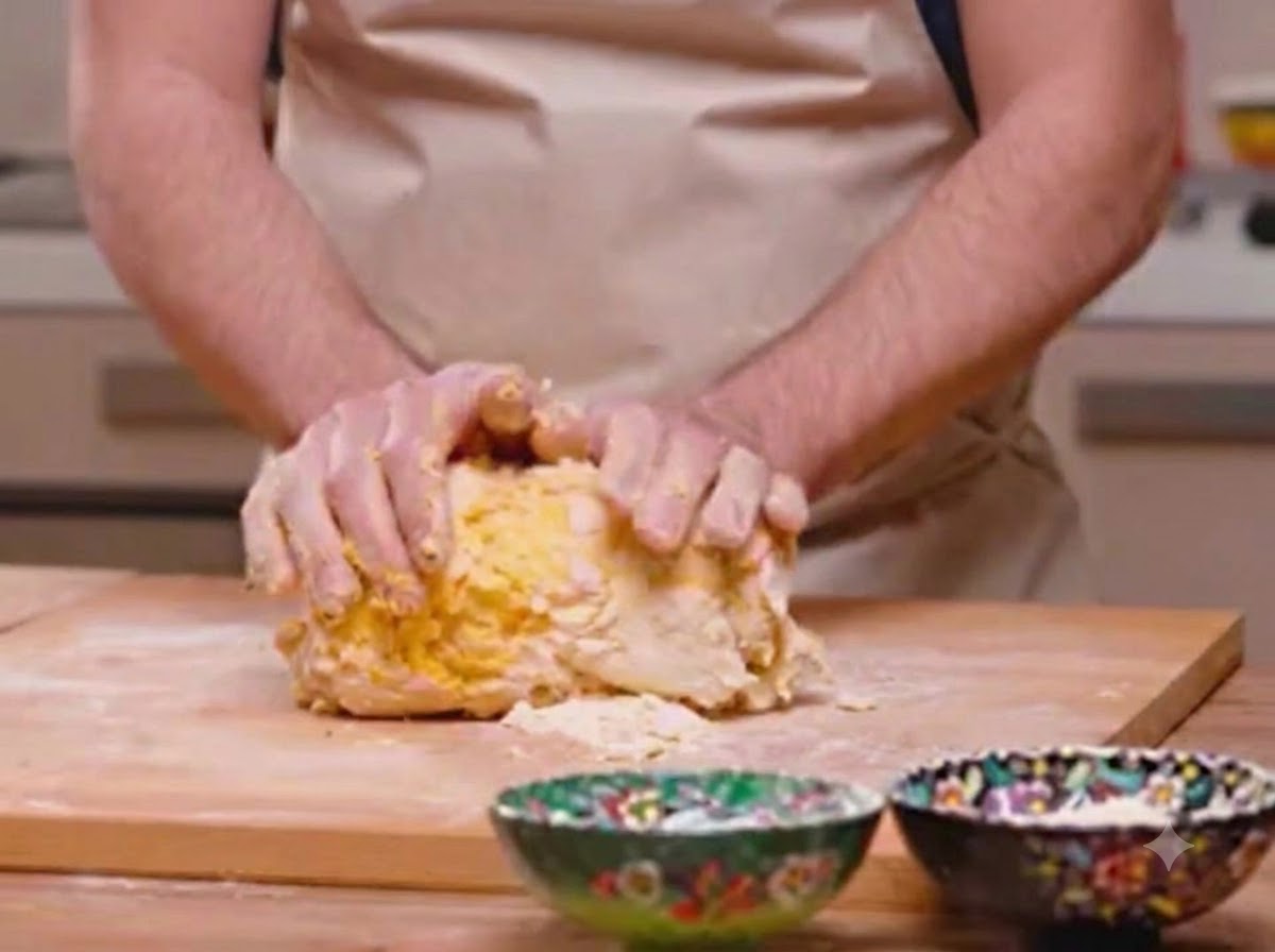 Hands actively kneading yellow pasta dough on a wooden board.