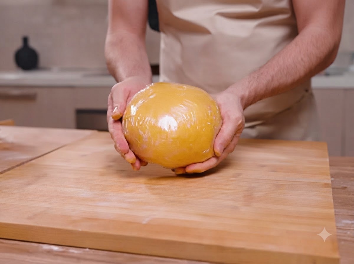 A ball of pasta dough wrapped in plastic wrap held in hands.