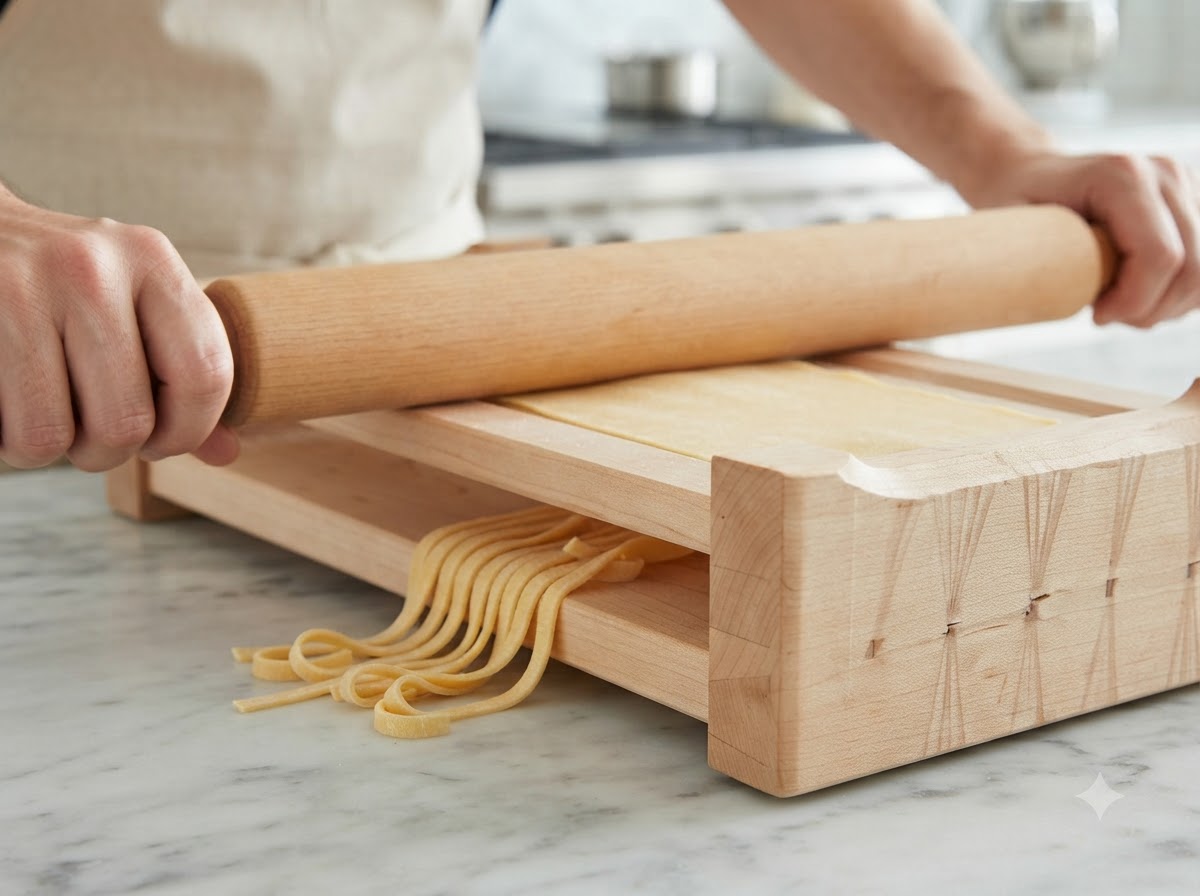 A rolling pin flattening yellow pasta sheets on a wooden board.