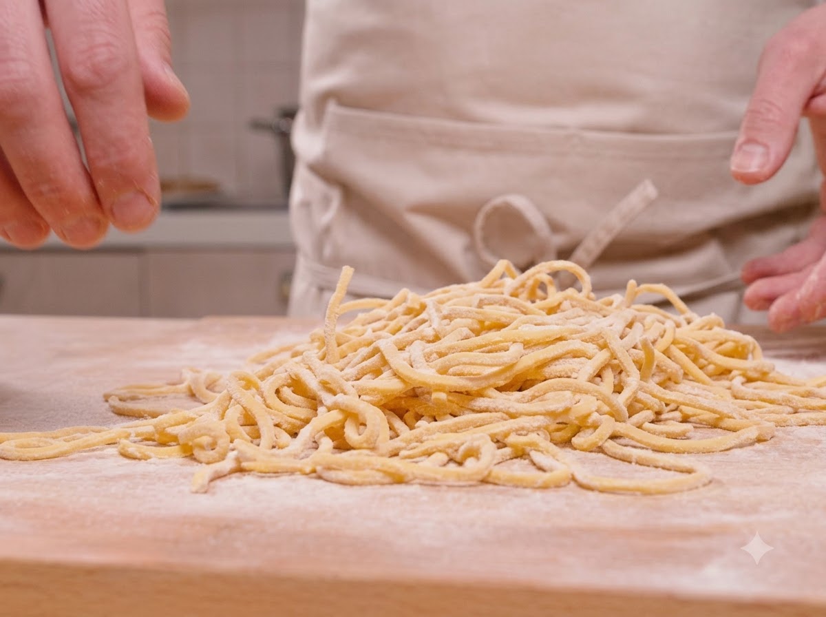 Freshly cut yellow spaghetti noodles piled on a wooden surface.