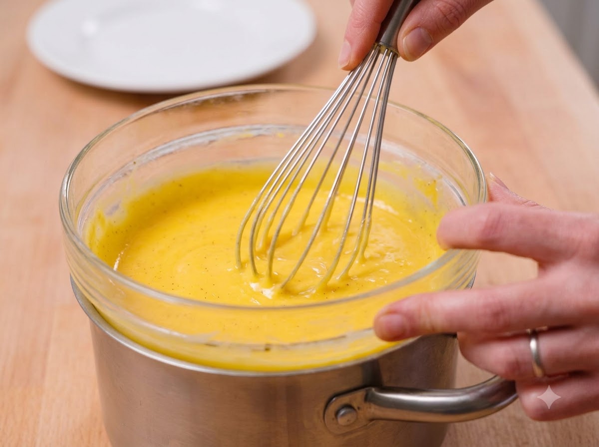 A whisk blending yellow egg and cheese mixture in a glass bowl.
