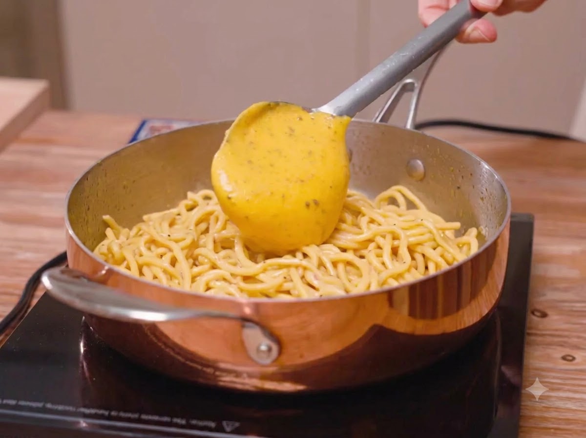 A spatula tipping a thick yellow cheese and egg sauce onto a copper pan of spaghetti noodles.