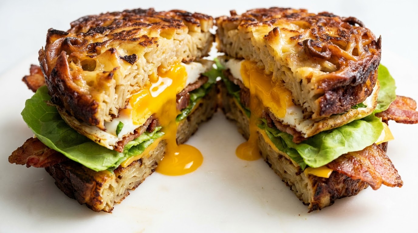 Crispy Kugel Breakfast Sandwich with Fried Egg and Bacon
