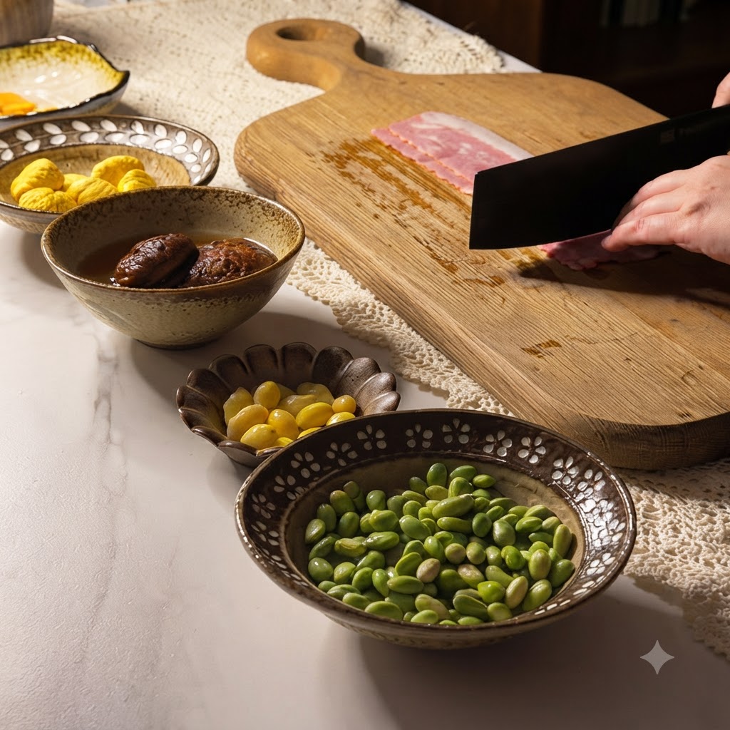Bacon strips being chopped into small pieces on a wooden cutting board with a cleaver.