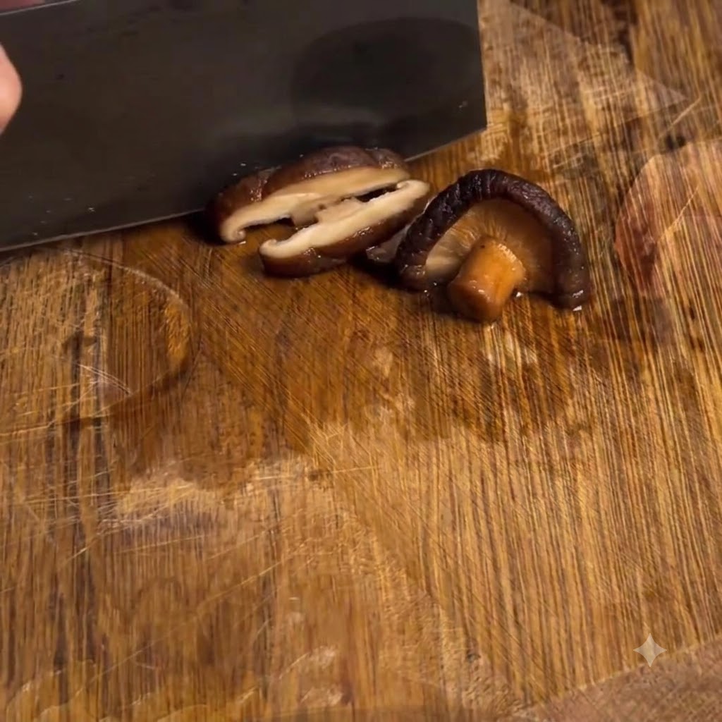 Shiitake mushrooms being sliced into smaller pieces on a wooden cutting board.
