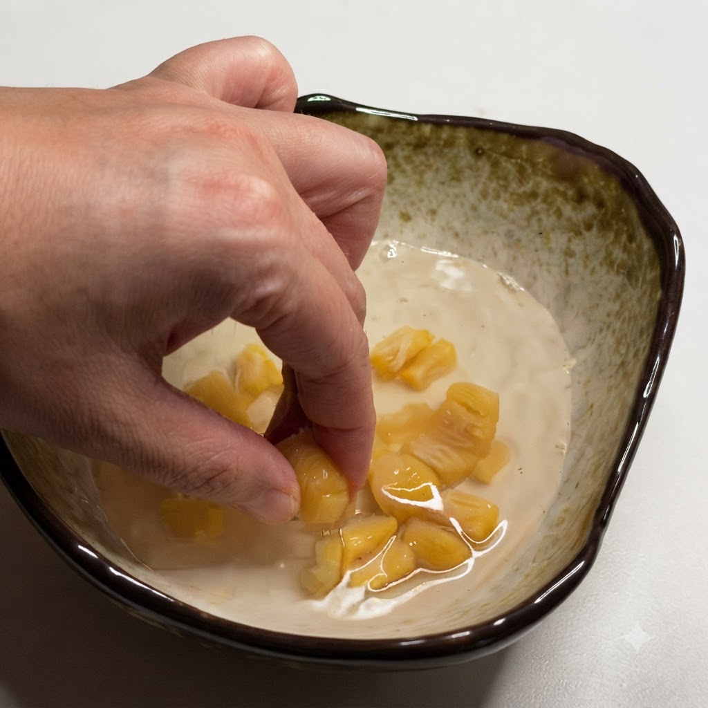 Soaked dried scallops being broken apart with fingers in a bowl of soaking liquid.