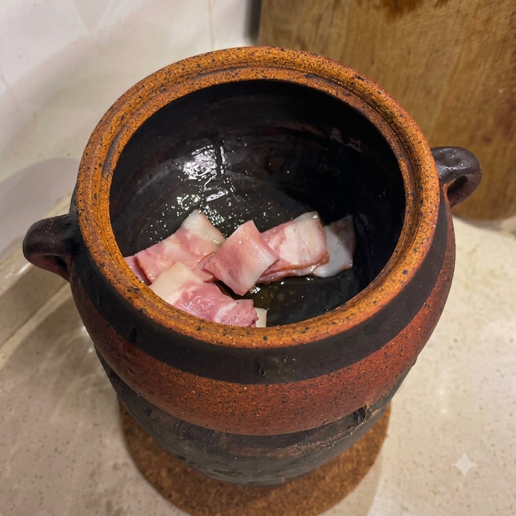 Bacon pieces frying in oil inside a traditional clay pot over charcoal.