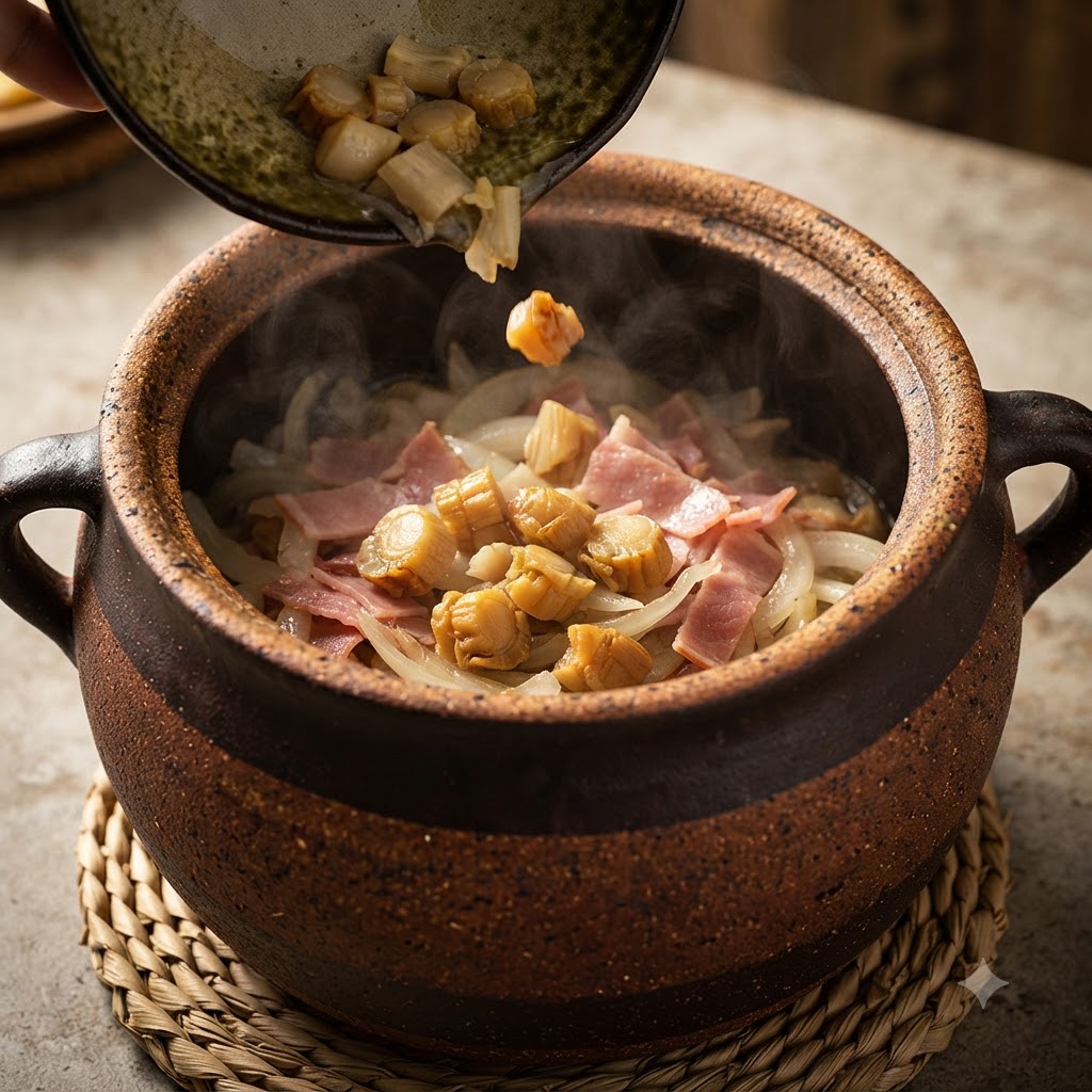 Soaked dried scallops being poured from a small bowl into a clay pot containing sautéed bacon and sliced onions.