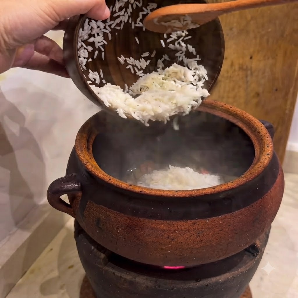 Soaked rice being poured from a wooden bowl into a heated clay pot using a wooden spoon.