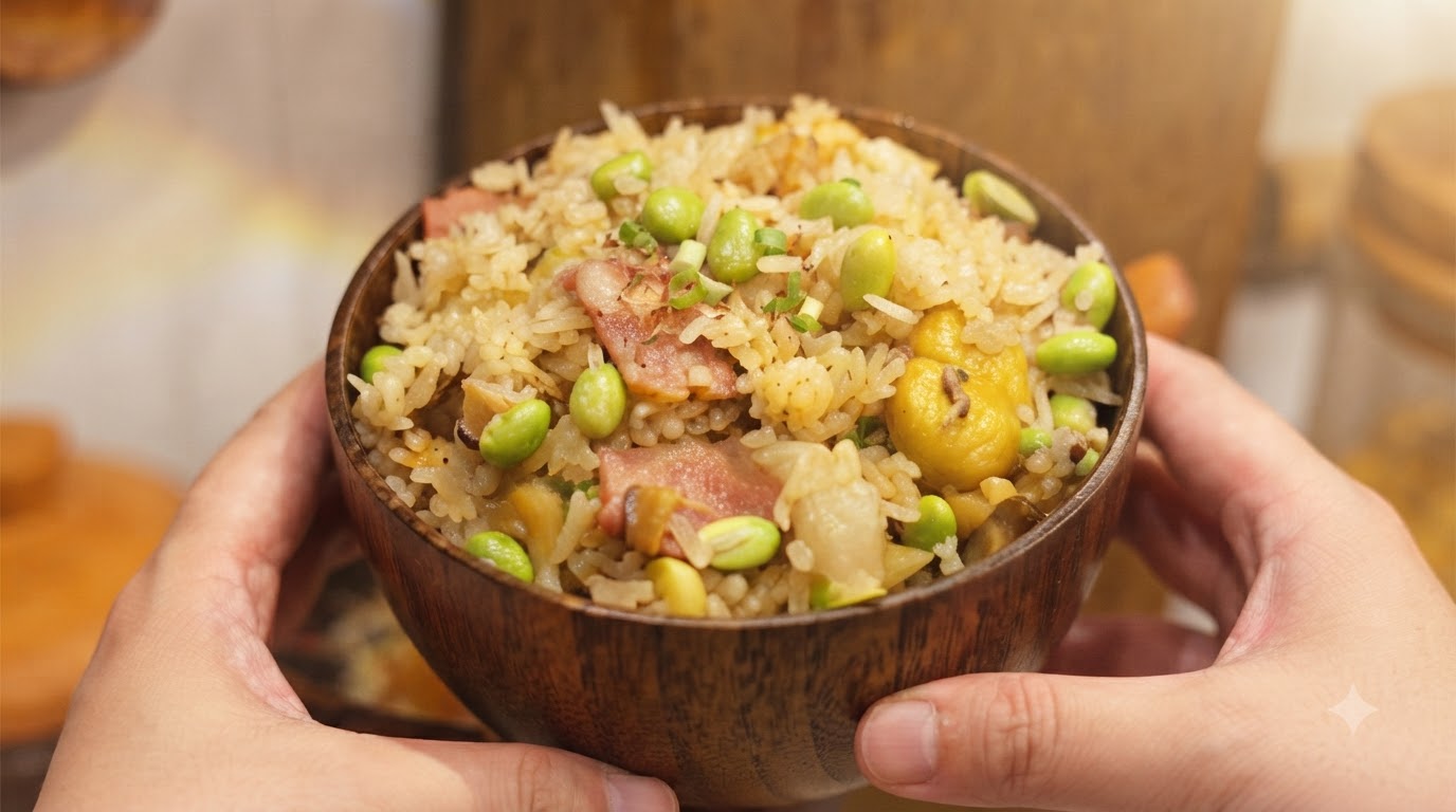 A rustic wooden bowl brimming with savory ginkgo, scallop, bacon, and chestnut claypot rice