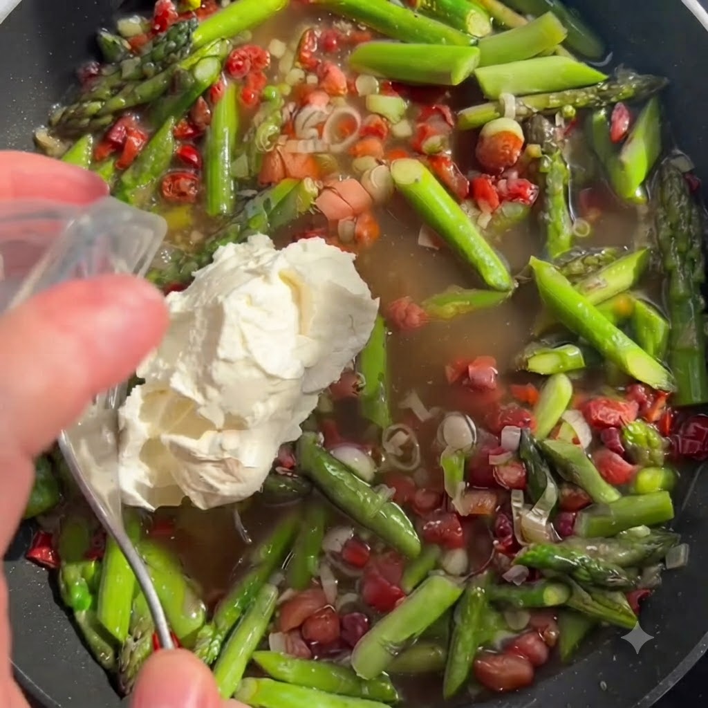 A spoonful of white mascarpone cheese being added to stock and vegetables in a skillet.