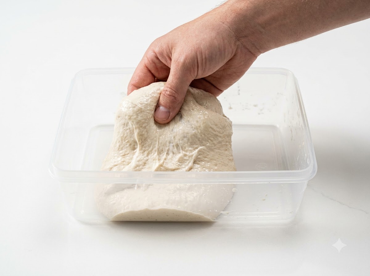 A hand pulling up and folding a section of proofed dough inside a clear rectangular container.