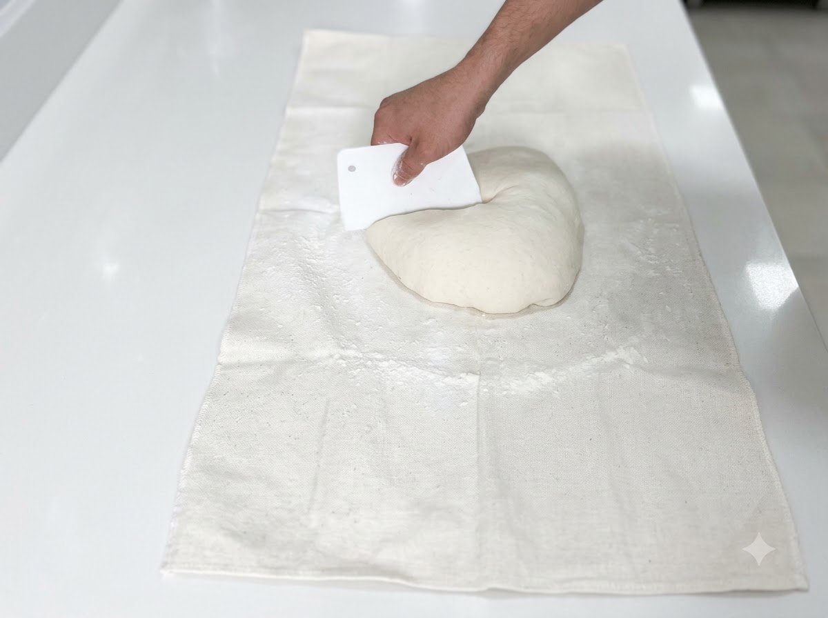 A hand holding a white dough scraper cutting through a piece of white dough on a cloth.