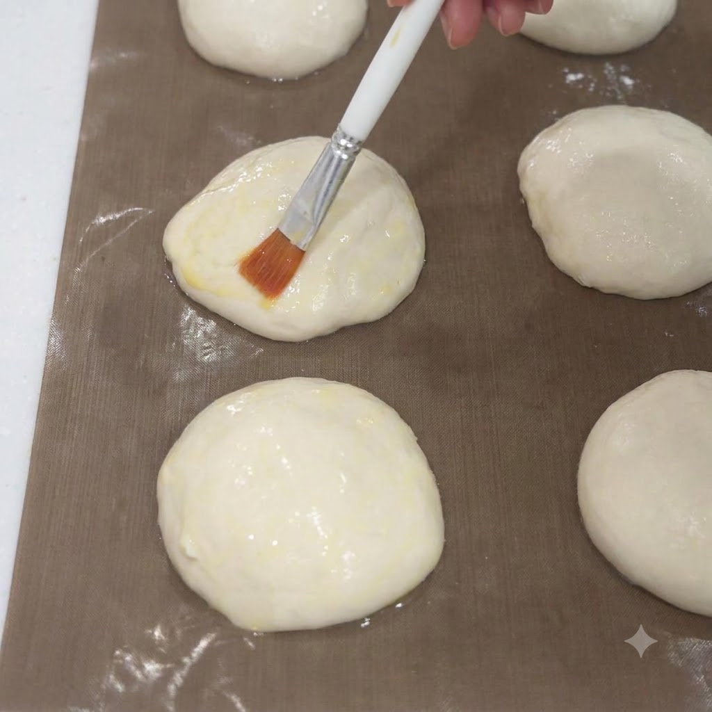 A pastry brush carefully spreading oil across the top of raw round dough portions laid out on a baking sheet.
