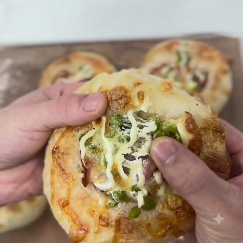 Shredded cheese being layered on top of the bacon and green peas in the dough portions.