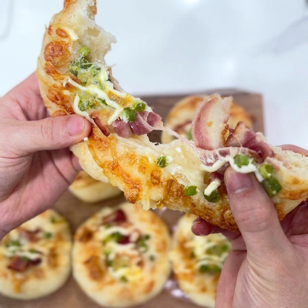 Mayonnaise being drizzled in a crisscross pattern over the toppings of the assembled dough.