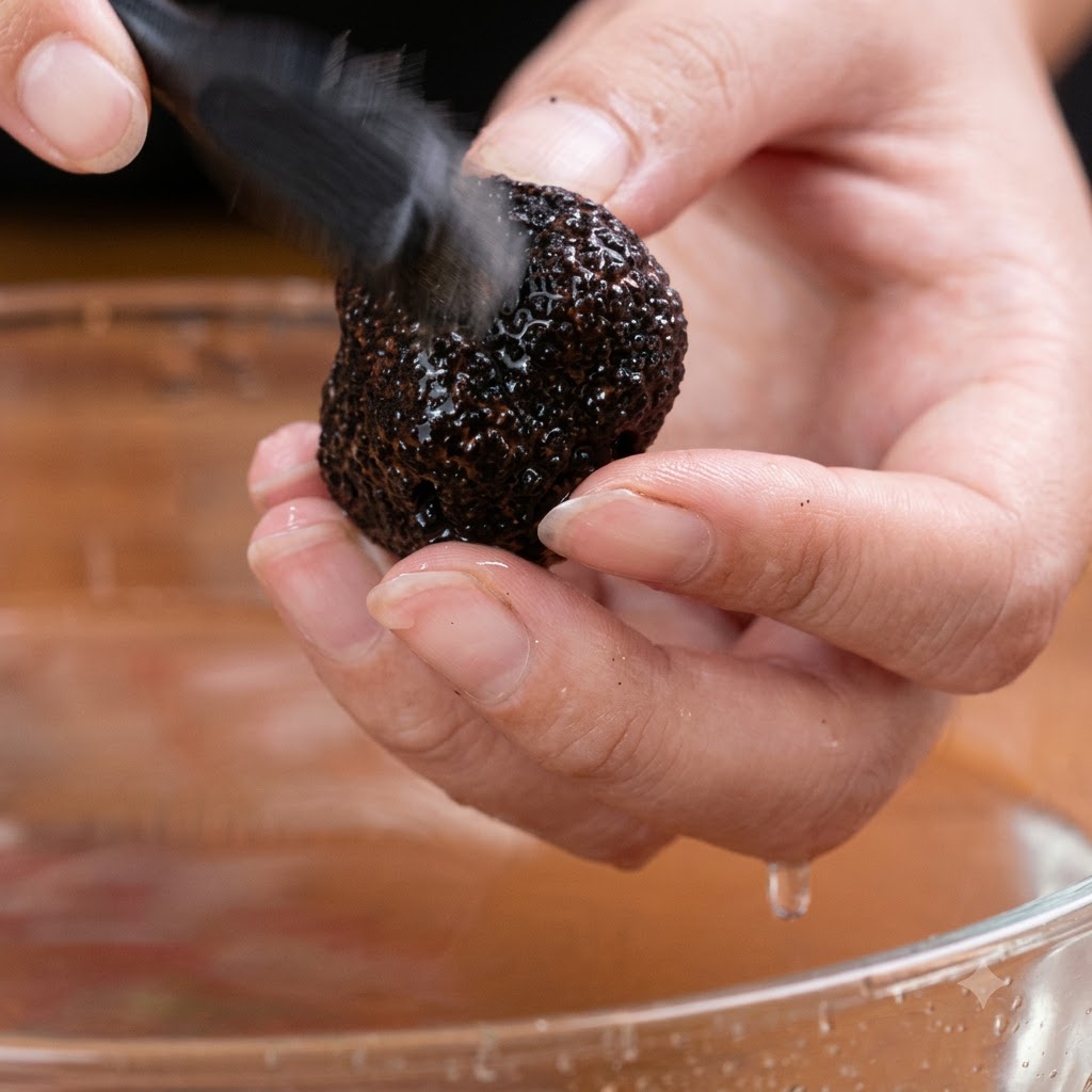 A black truffle being cut into slices with a white knife on a wooden board.