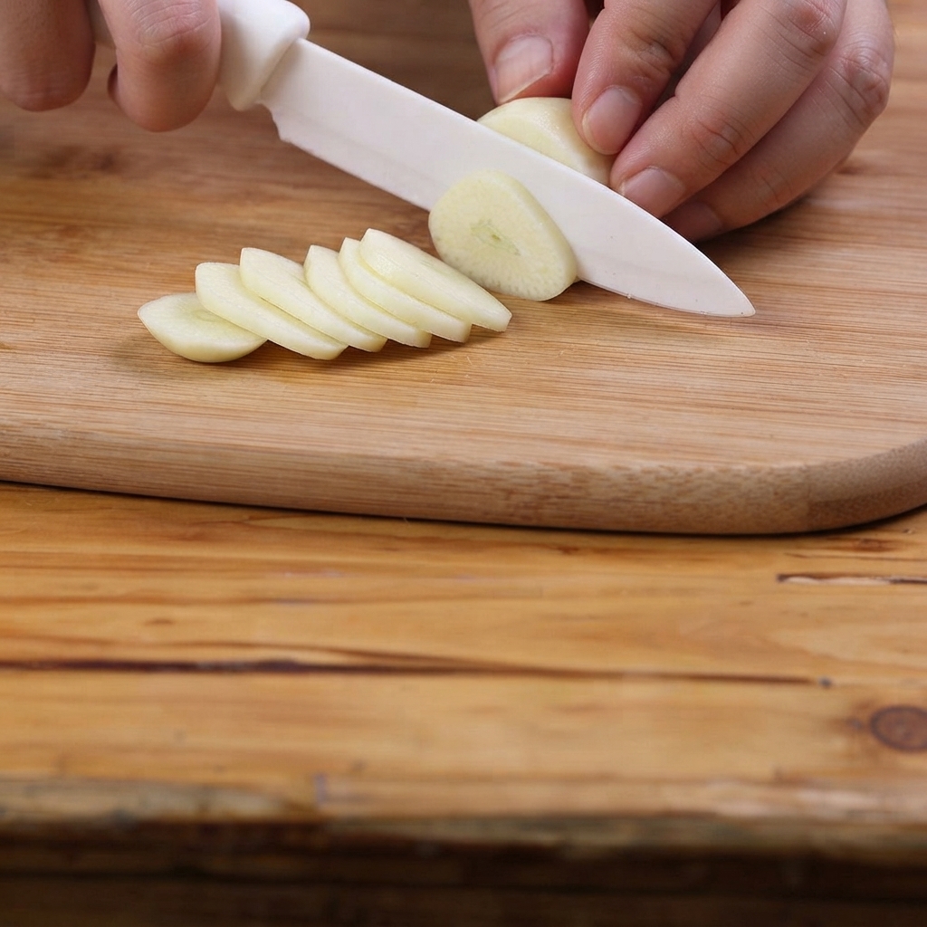 Green pepper pieces being chopped on a wooden board with a knife.