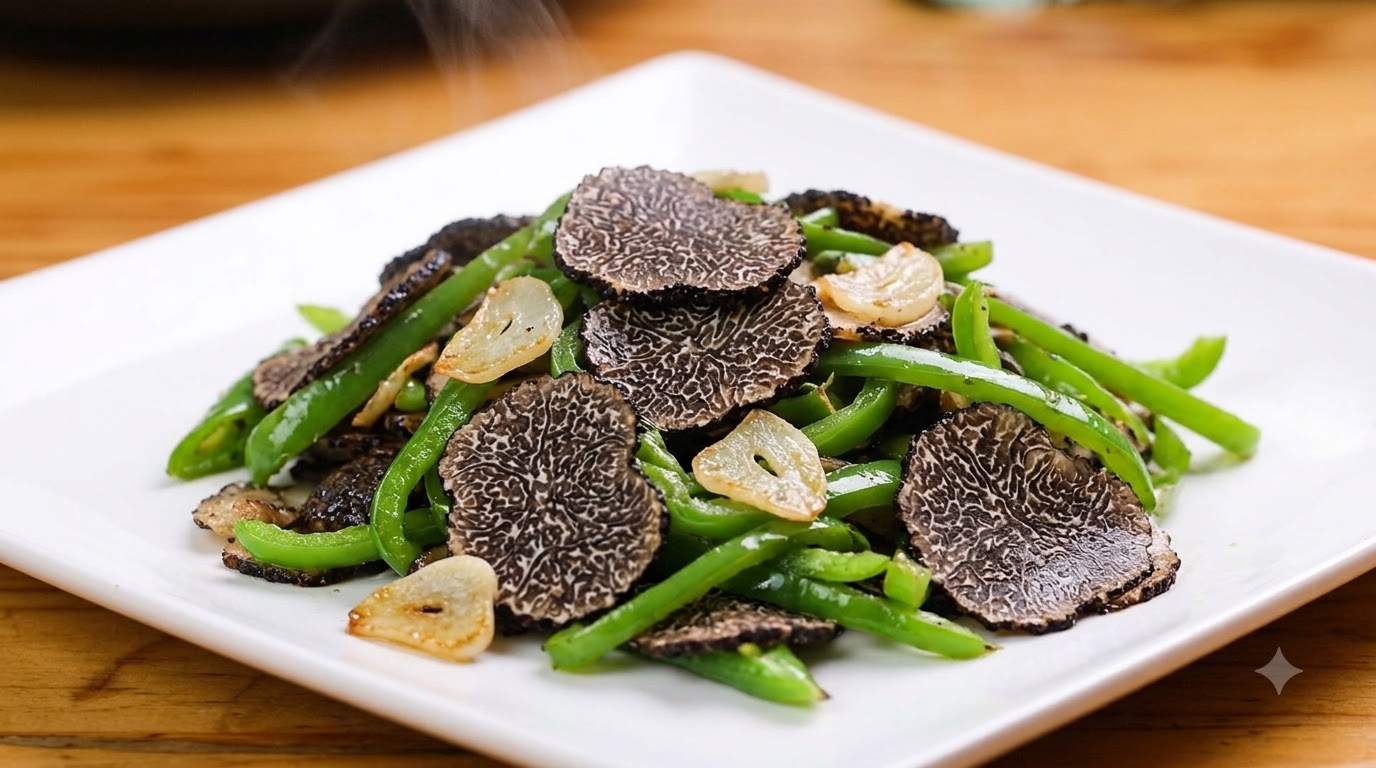 A white plate filled with sautéed sliced black truffles, green bell pepper strips, and golden garlic slices.