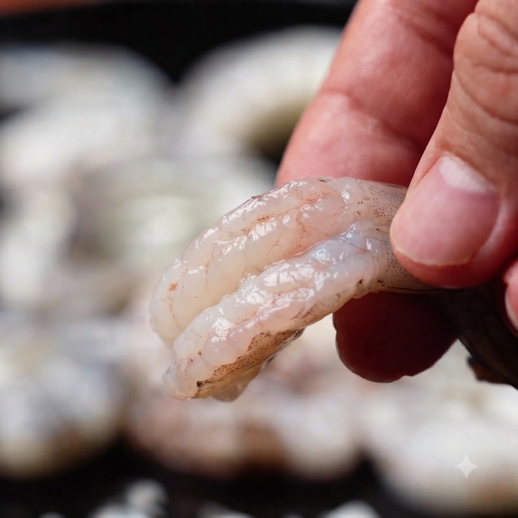 A peeled raw shrimp being thoroughly coated with a white layer of starch.