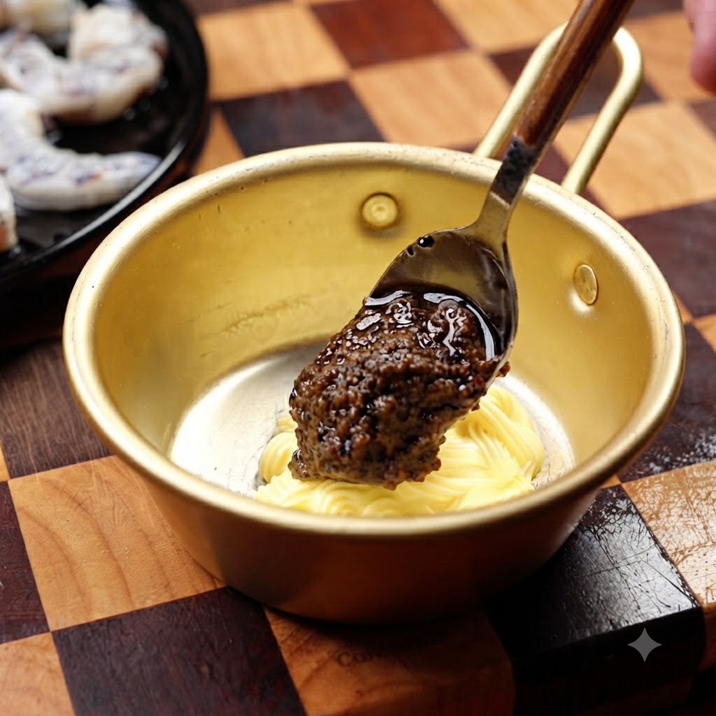 Mayonnaise in a metallic bowl being mixed with a spoonful of black truffle sauce using a spoon.
