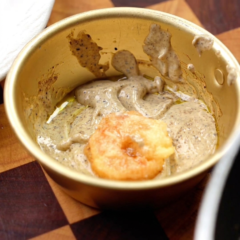 Fried shrimp added into the bowl with the black truffle and mayonnaise sauce, mixed together evenly.