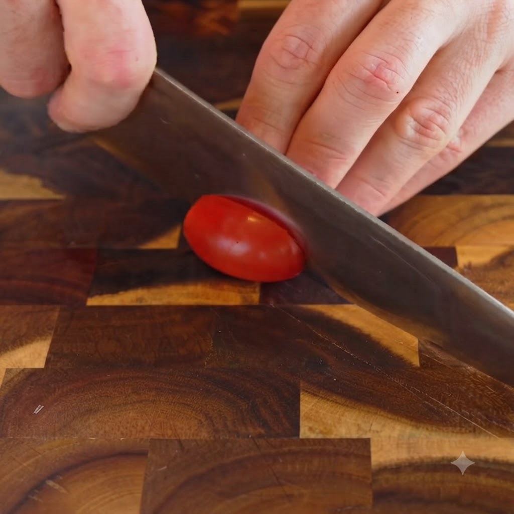 A sharp chefs knife slicing a red cherry tomato in half on a wooden cutting board.