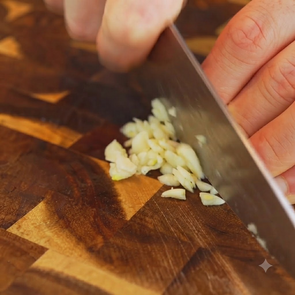 A chefs knife chopping peeled garlic cloves into small pieces on a wooden board.