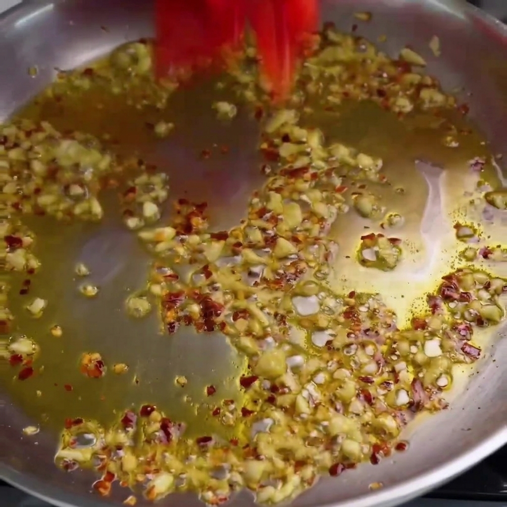Halved cherry tomatoes tossed into a frying pan with garlic and oil.