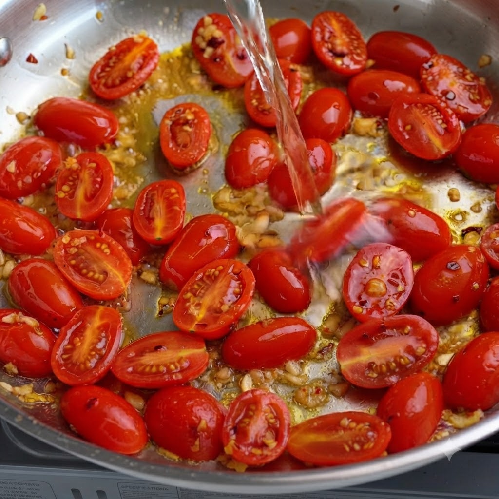 White wine being poured into a pan filled with cherry tomatoes and garlic.