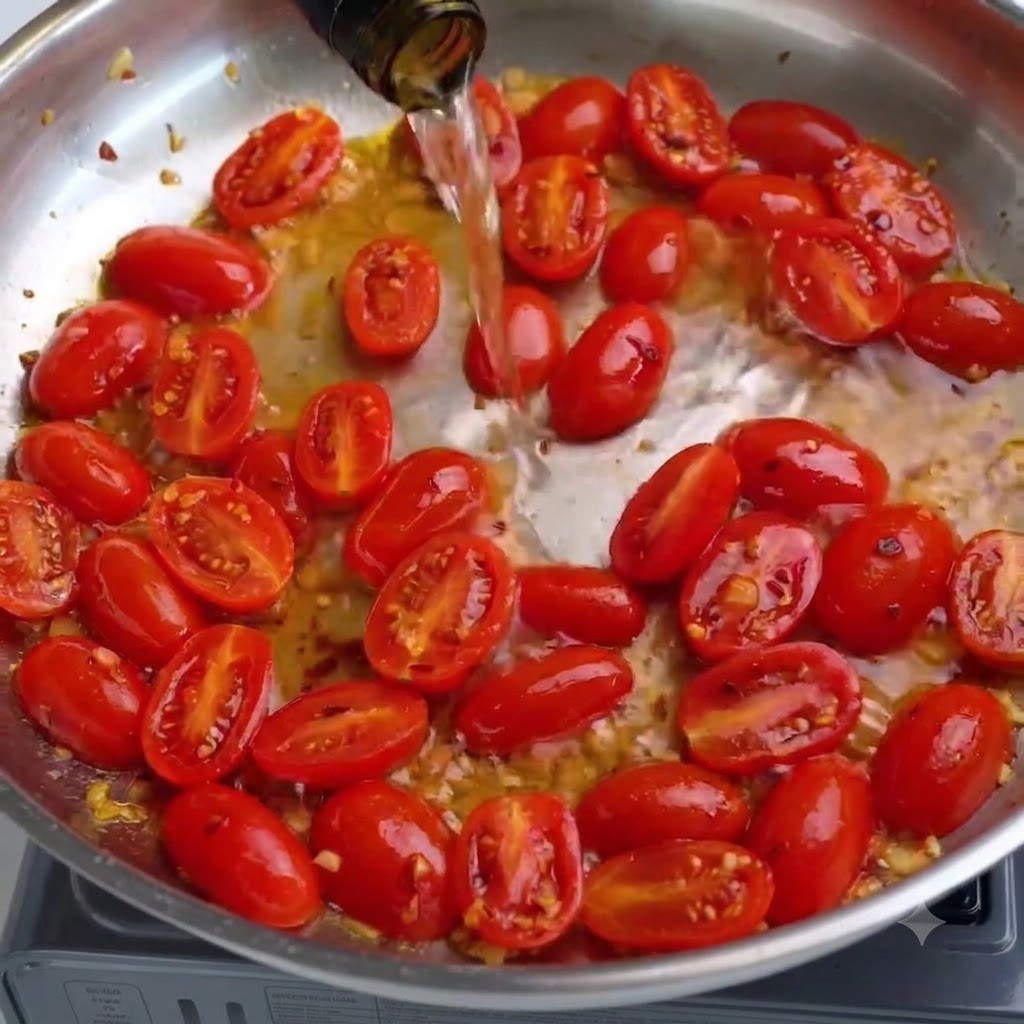 Salt and black pepper falling onto bubbling cherry tomatoes in a frying pan.