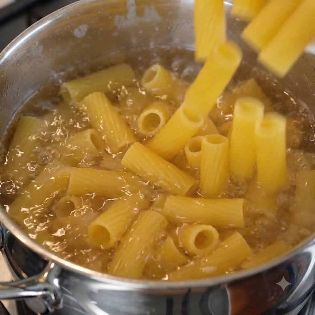 Rigatoni pasta pieces falling into a bubbling pot of salted boiling water.