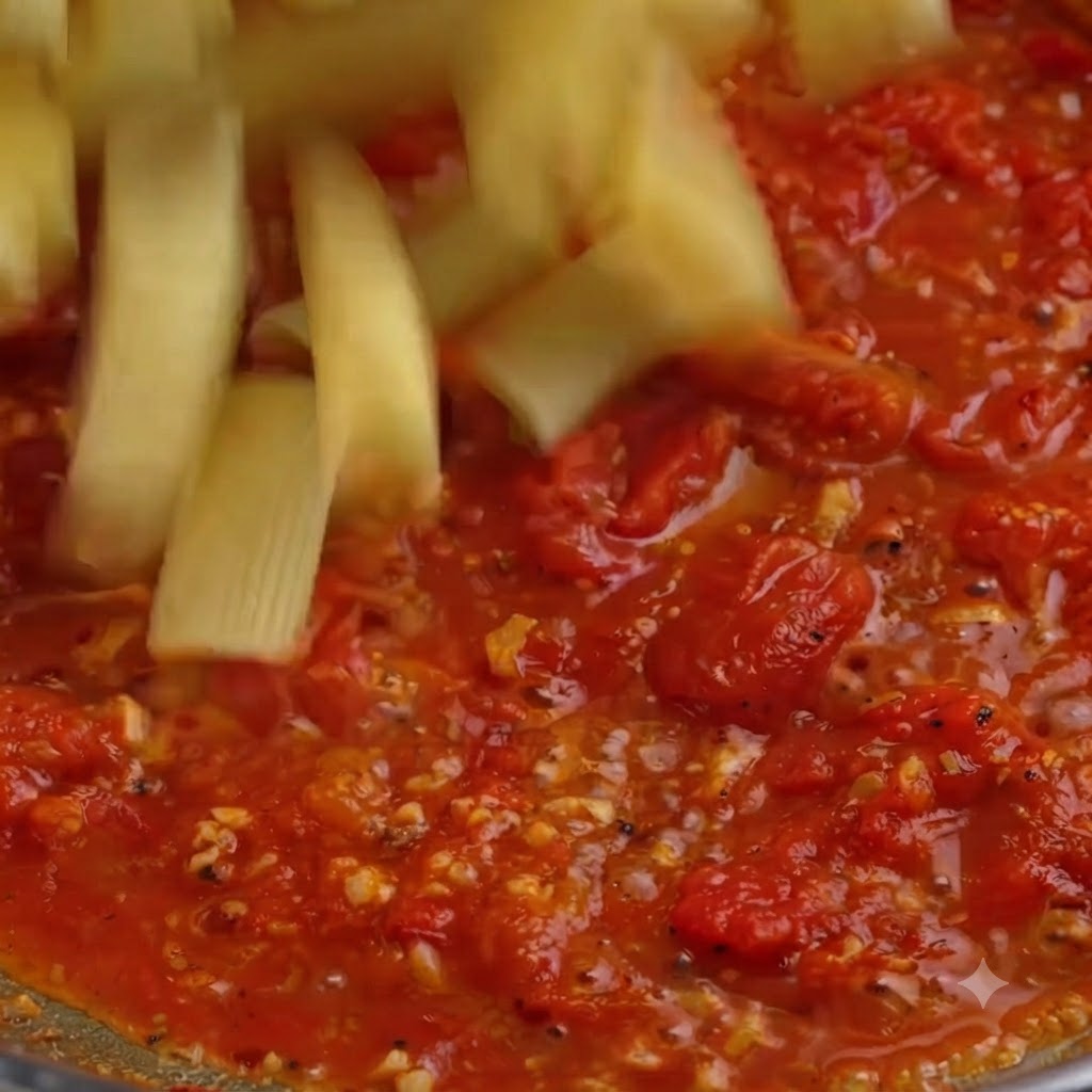 Cooked pasta tubes being poured into a pan filled with vibrant red tomato sauce.