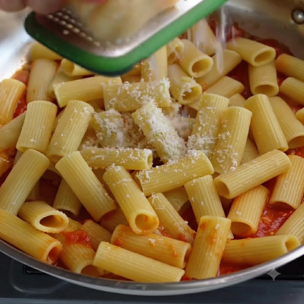 A handheld grater shredding Parmesan cheese directly over rigatoni pasta in a cooking pan.