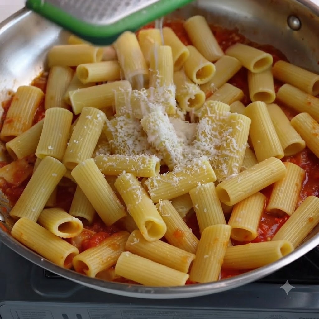 Water being poured from a container into a pan containing pasta and grated cheese.