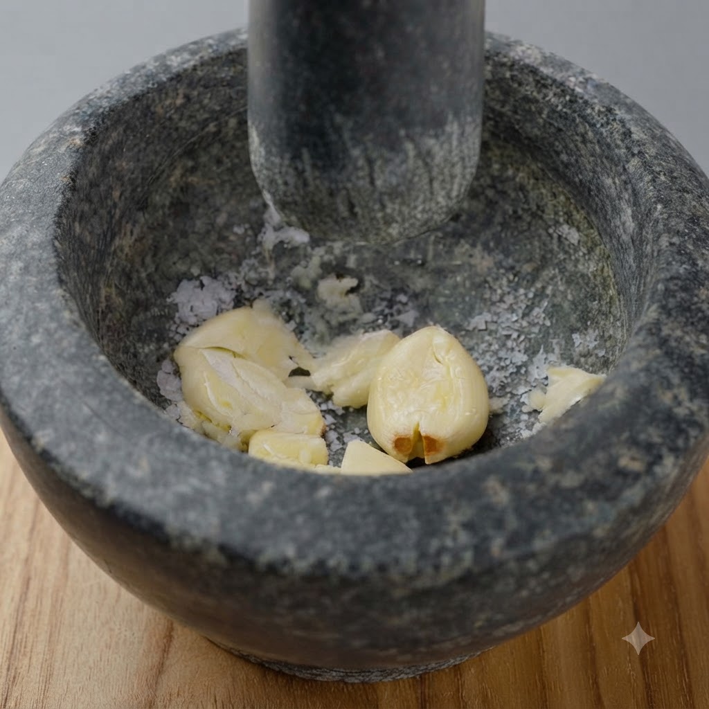 Pine nuts scattered inside the stone mortar next to pieces of garlic.