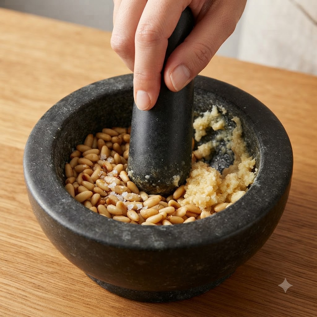 A hand holding a pestle grinding ingredients inside a stone mortar.
