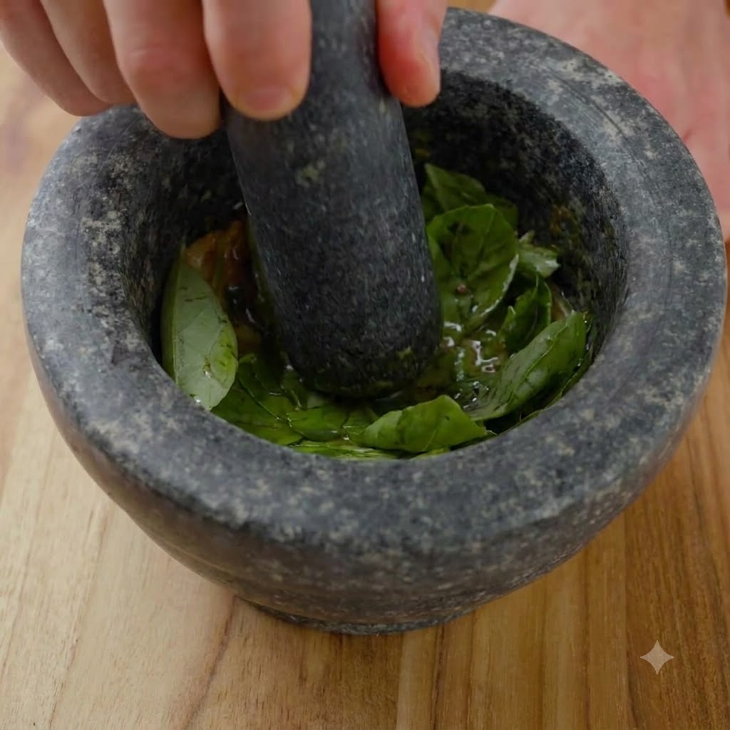Fresh green basil leaves being crushed inside a stone mortar with a pestle.