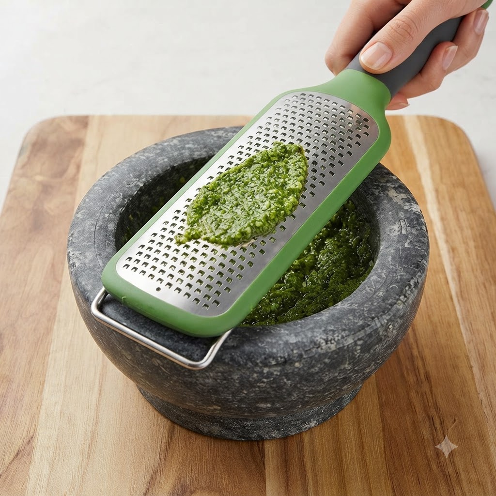 Parmesan cheese being freshly grated with a green grater over a stone mortar filled with green pesto ingredients.