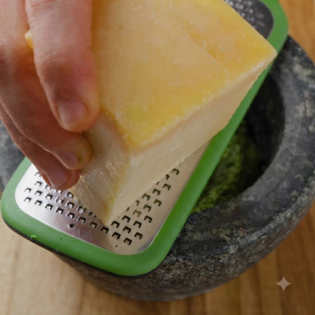Extra virgin olive oil being poured from a dispenser spout into a stone mortar filled with green pesto paste and a pestle.