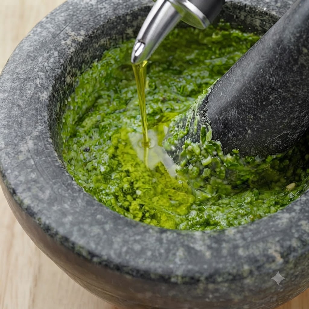 A spoonful of fresh green pesto being dropped into a pan of cooked rigatoni pasta mixed with tomato sauce.