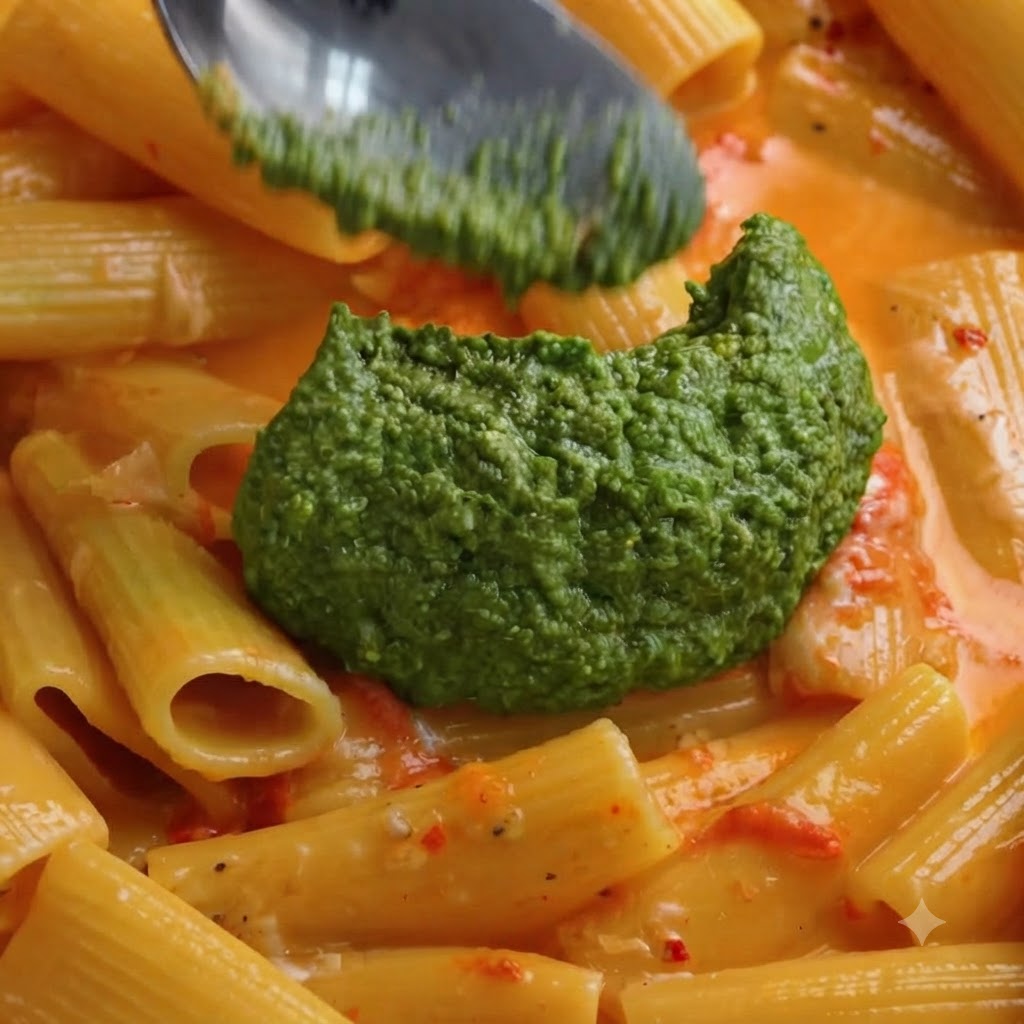 Rigatoni pasta and green pesto sauce being mixed together in a large pan using a white spatula.