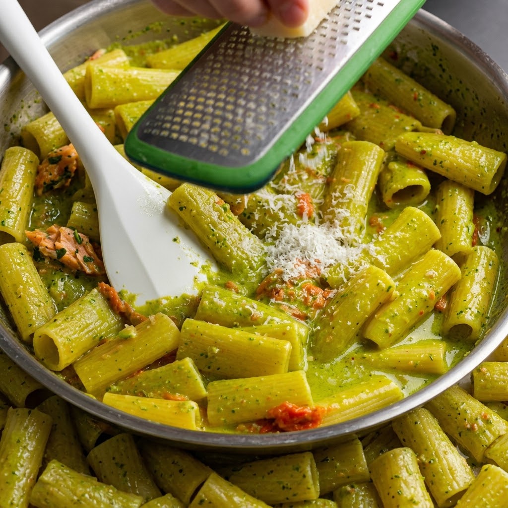Fresh Parmesan cheese being grated from a block over a pan of finished pesto rigatoni pasta.