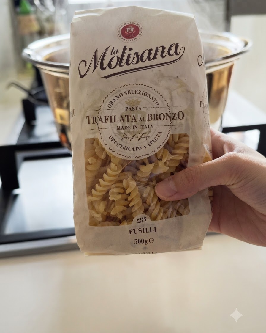 Dry fusilli pasta strands being dropped into bubbling water inside a metal stockpot.