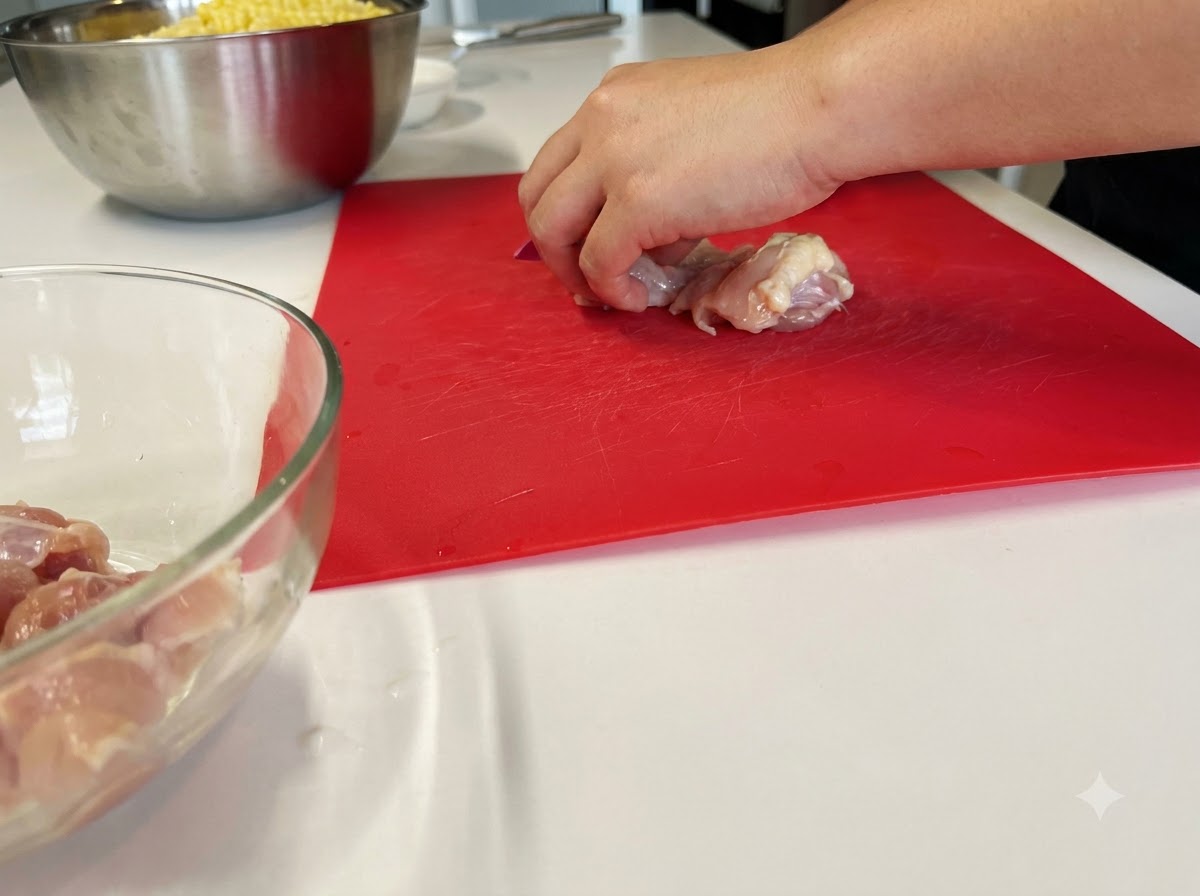 Raw chicken thigh meat being cut into bite-sized pieces on a red cutting board.