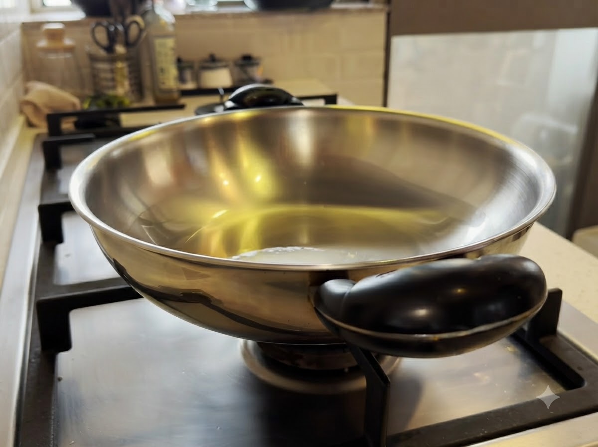 Small pieces of chicken being stirred in a heated metal wok with olive oil.