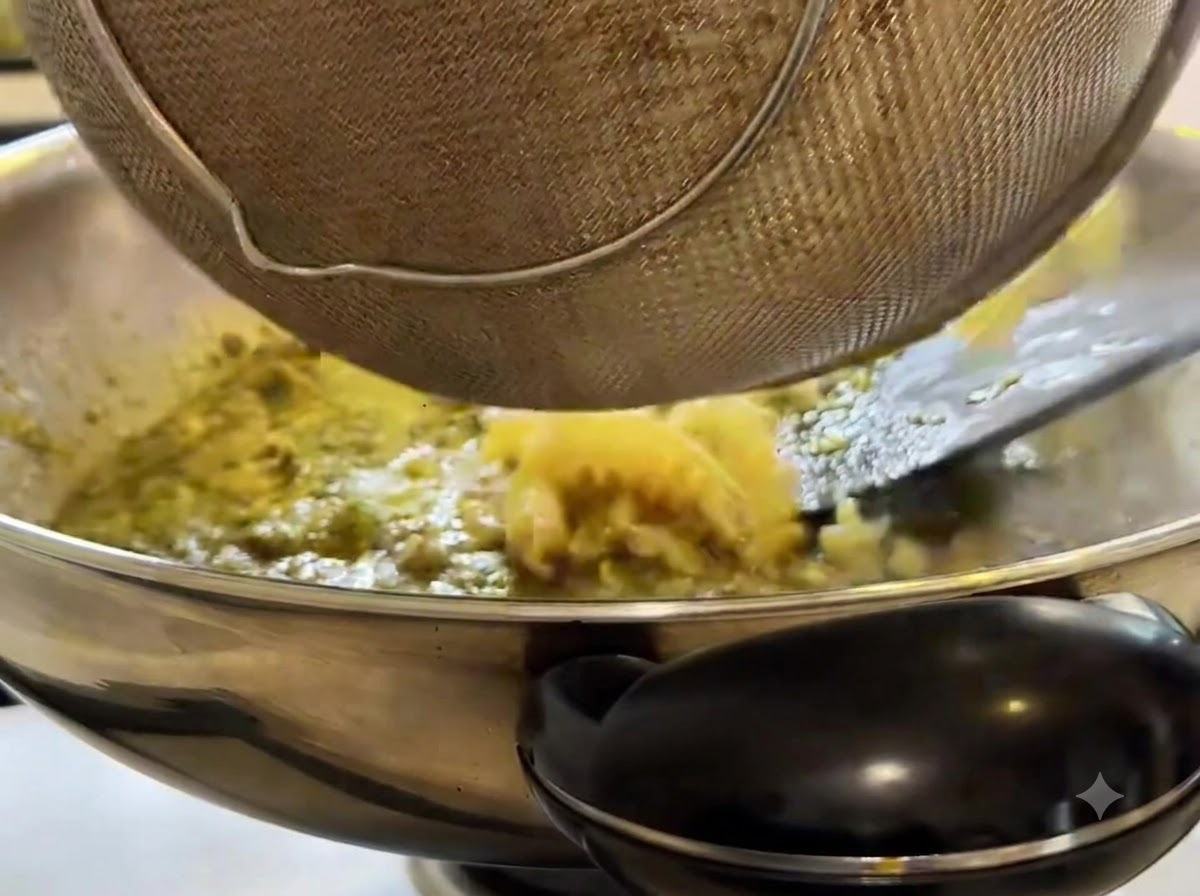 Drained fusilli pasta being dumped from a wire colander into the cooking wok.