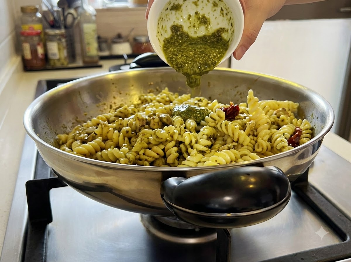 Sun-dried tomatoes being stirred into the wok filled with pasta and green pesto.