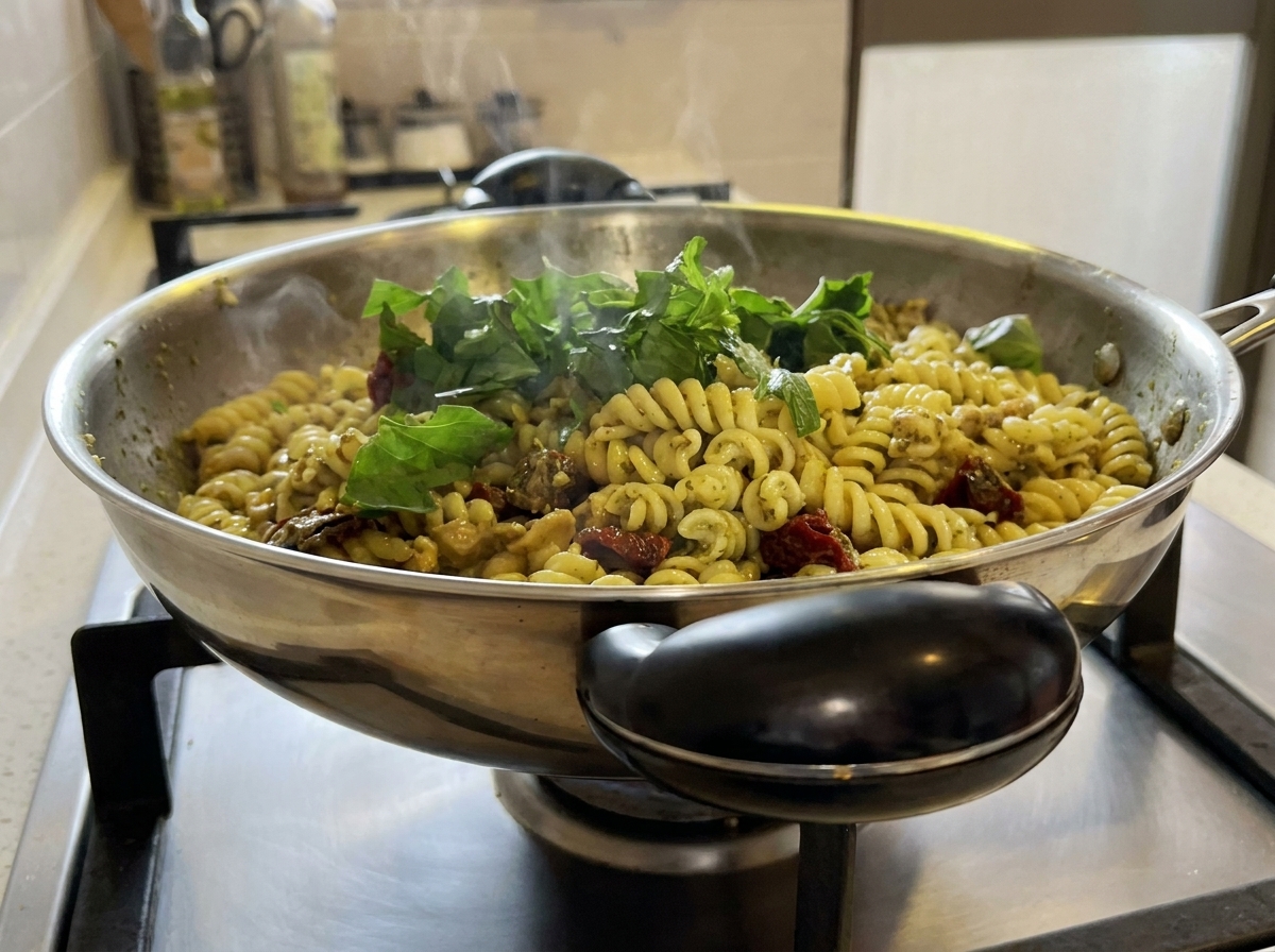 Fresh green basil leaves being folded into the warm pasta dish inside the wok.